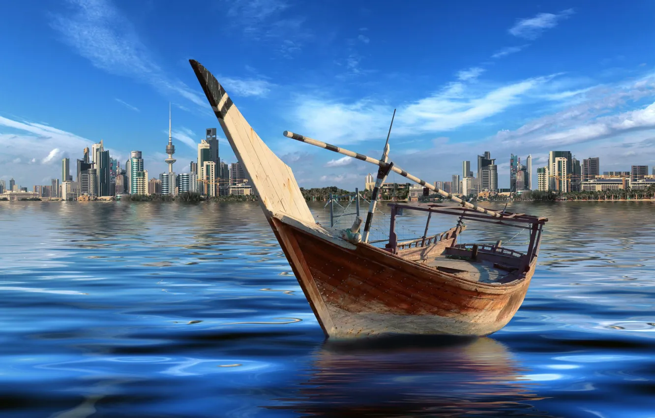 Фото обои Город, Небоскребы, City, Кувейт, Kuwait, Аравийское море, Эль-Кувейт, Рыбацкая лодка