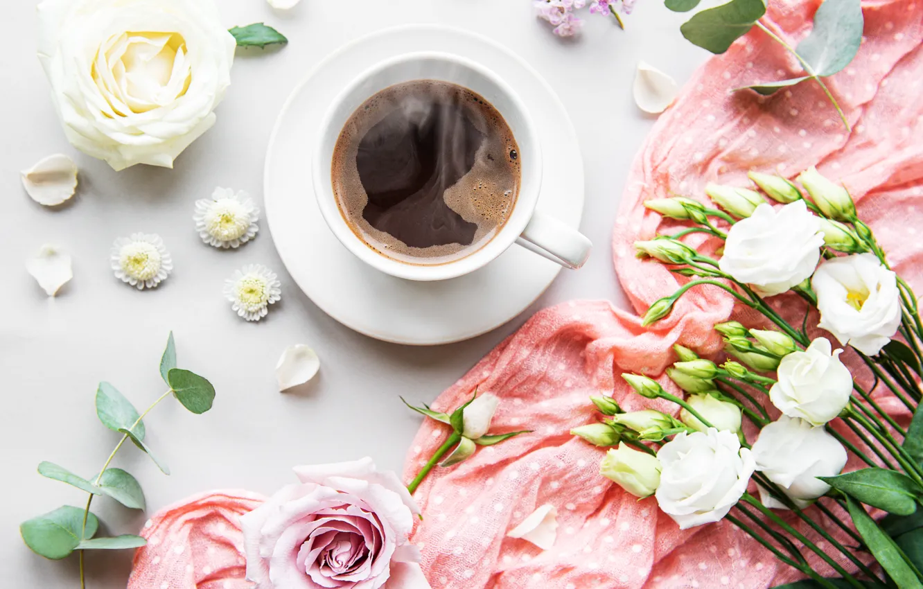Фото обои цветы, кофе, чашка, косынка, эустома
