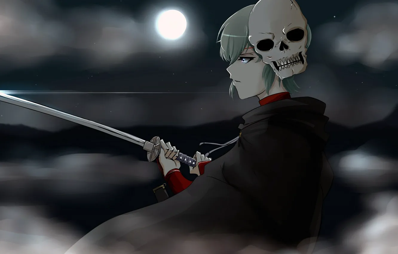 Фото обои луна, череп, меч, парень, Gintama, Гинтама