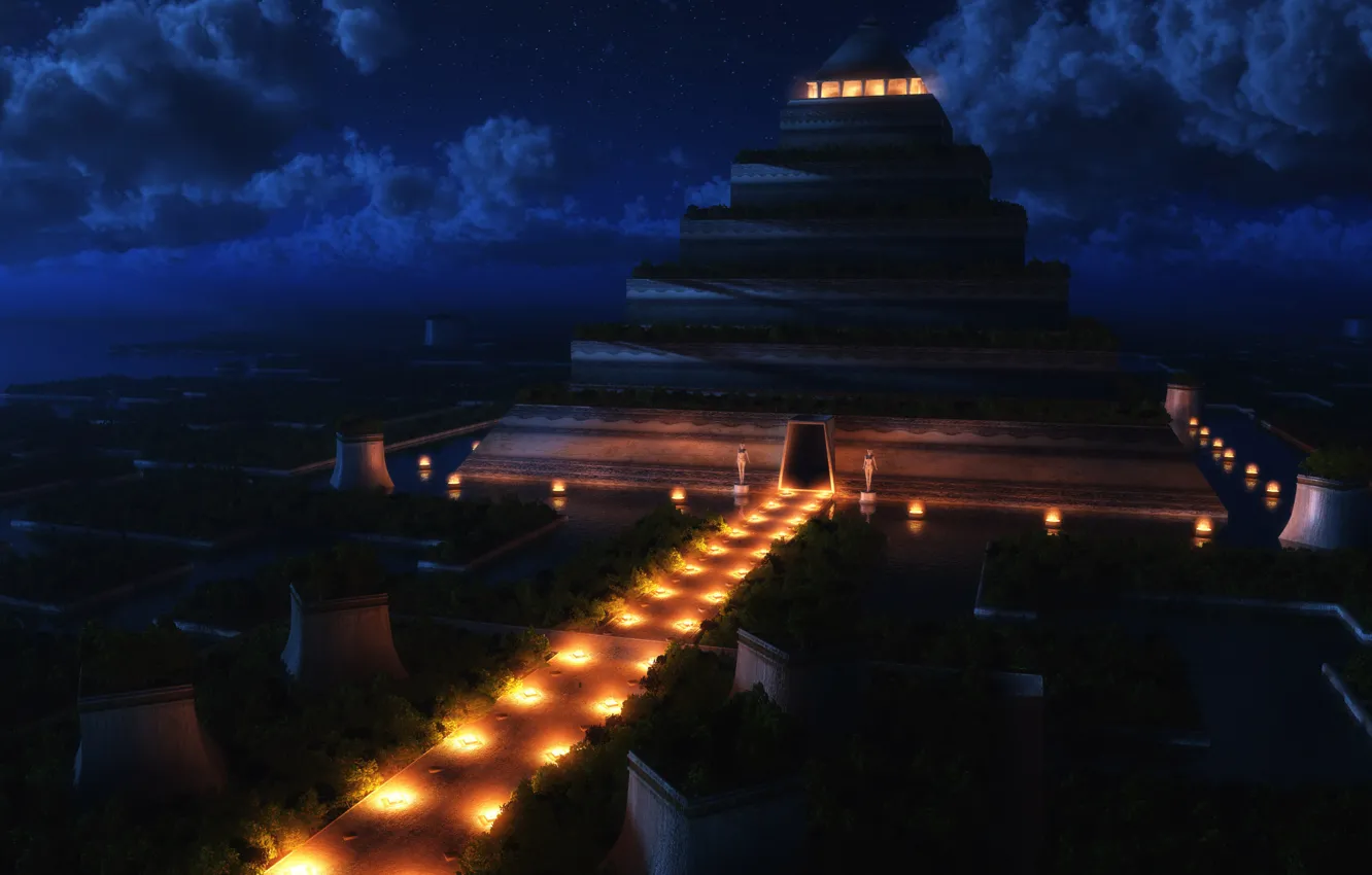 Фото обои ночь, пирамида, храм