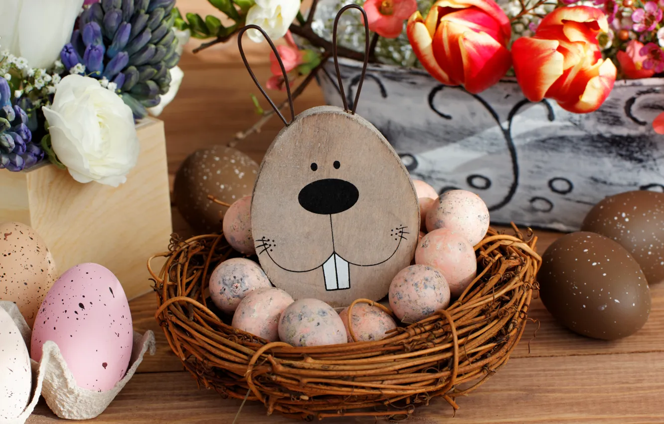 Фото обои праздник, рисунок, яйца, кролик, пасха