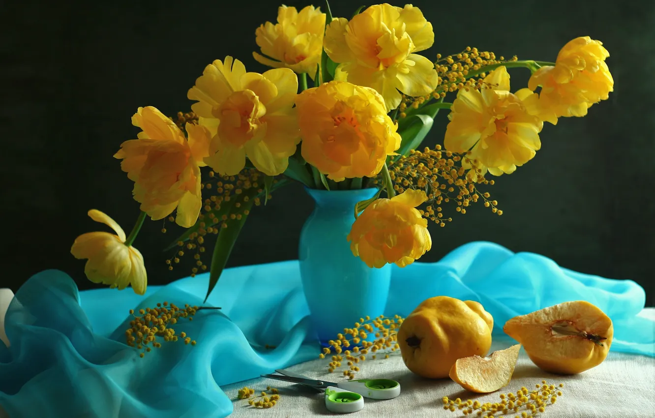Фото обои цветы, ветки, тюльпаны, ваза, фрукты, ножницы, ткани, айва