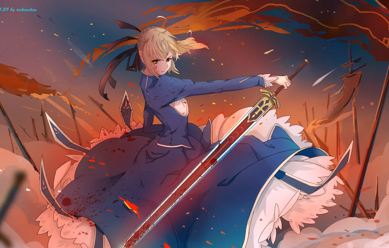 Фото обои девушка, оружие, кровь, меч, аниме, арт, флаги, saber