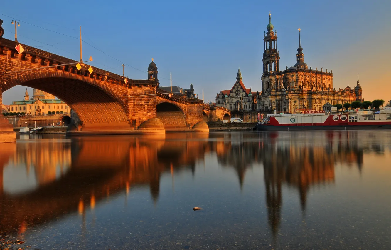 Фото обои закат, мост, река, здания, Германия, архитектура, Dresden