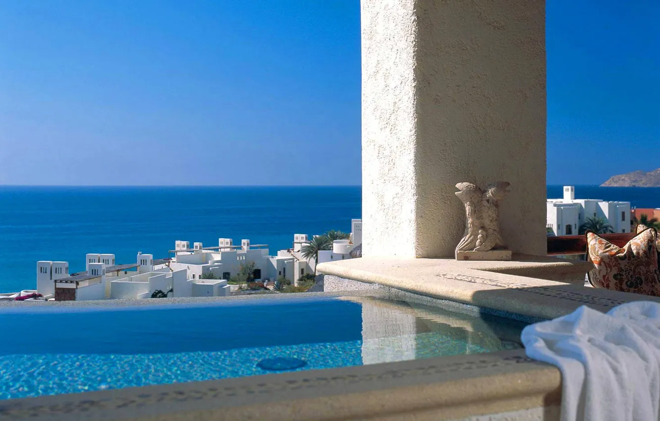 Фото обои море, город, романтика, бассейн, Греция, курорт, jacuzzi with sea view, потрясающий вид на синее море