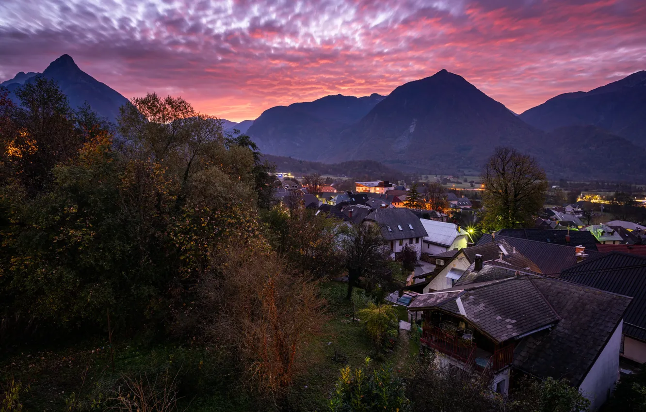 Фото обои пейзаж, горы, природа, город, рассвет, дома, утро, Словения
