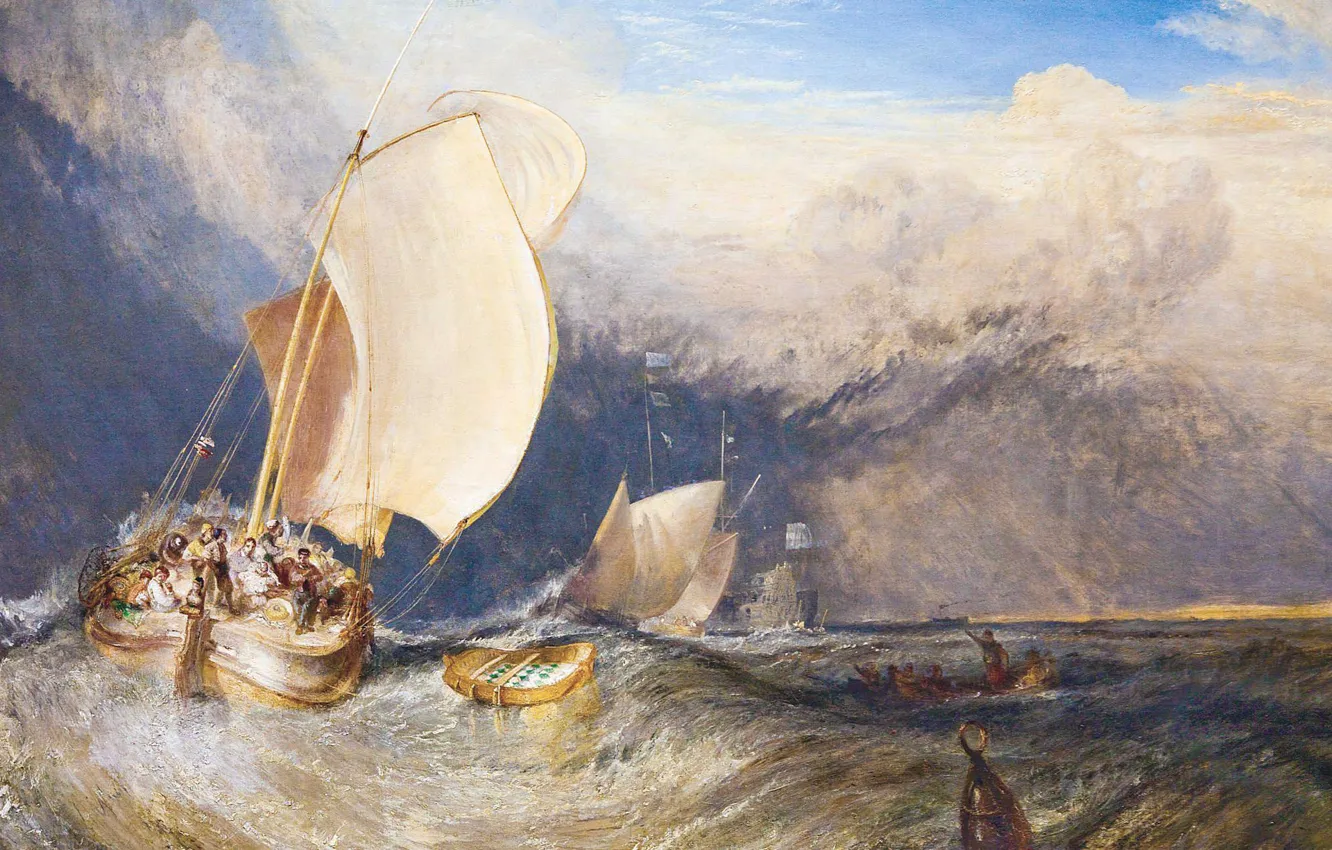 Фото обои море, волны, лодка, картина, парус, рыбаки, морской пейзаж, Уильям Тёрнер