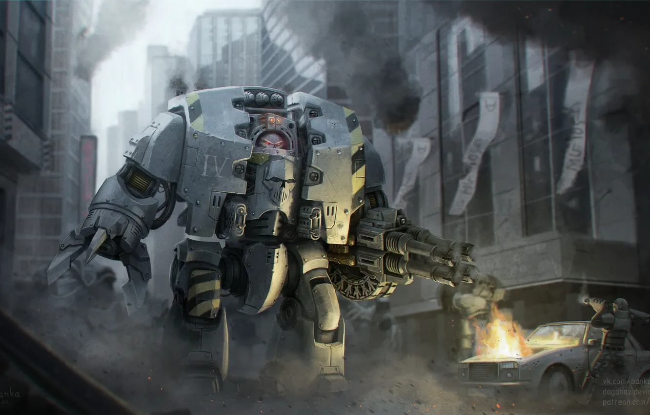 Фото обои город, робот, разруха, Warhammer 40K