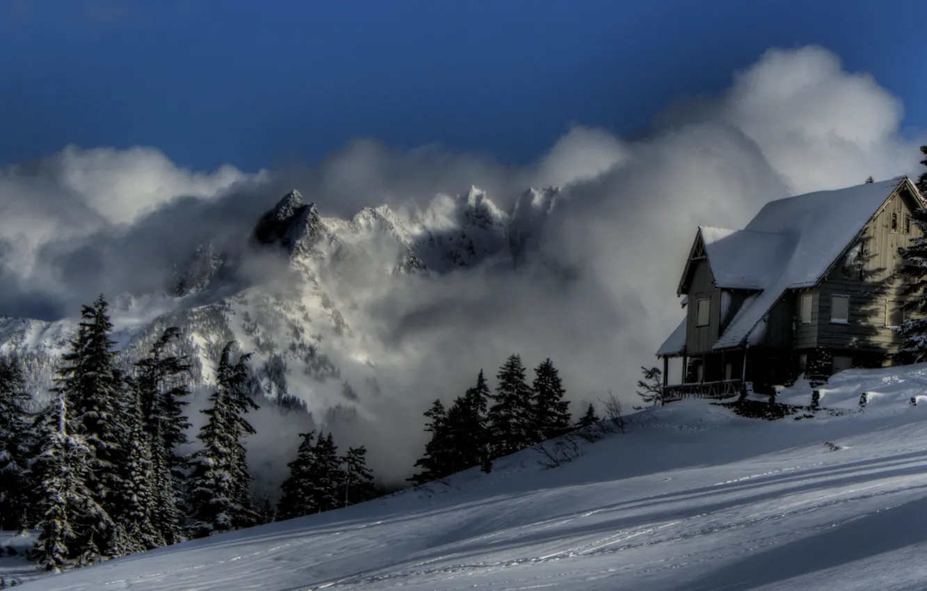 Фото обои зима, природа, туман, дом, фото, горы снег