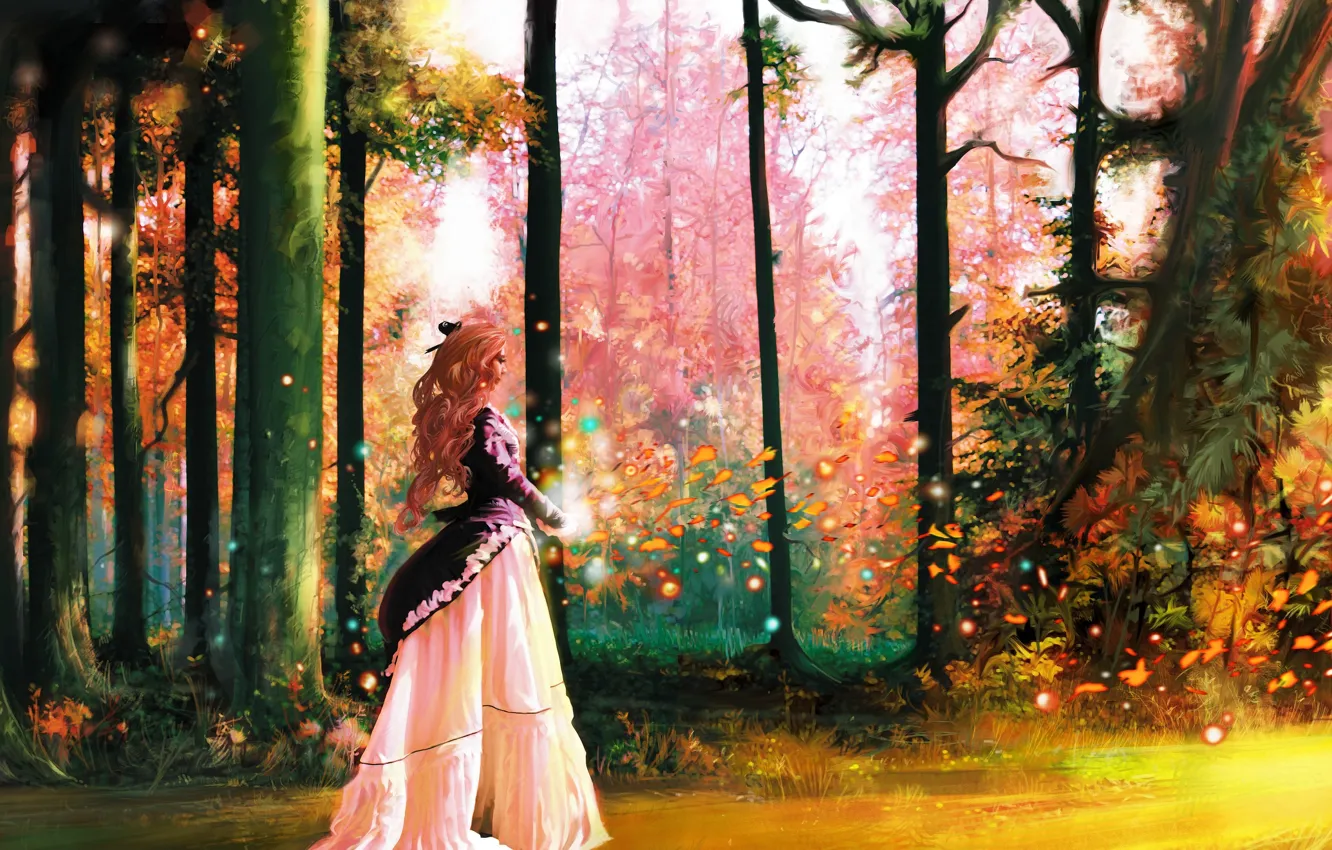 Фото обои лес, листья, девушка, деревья, магия, платье, арт