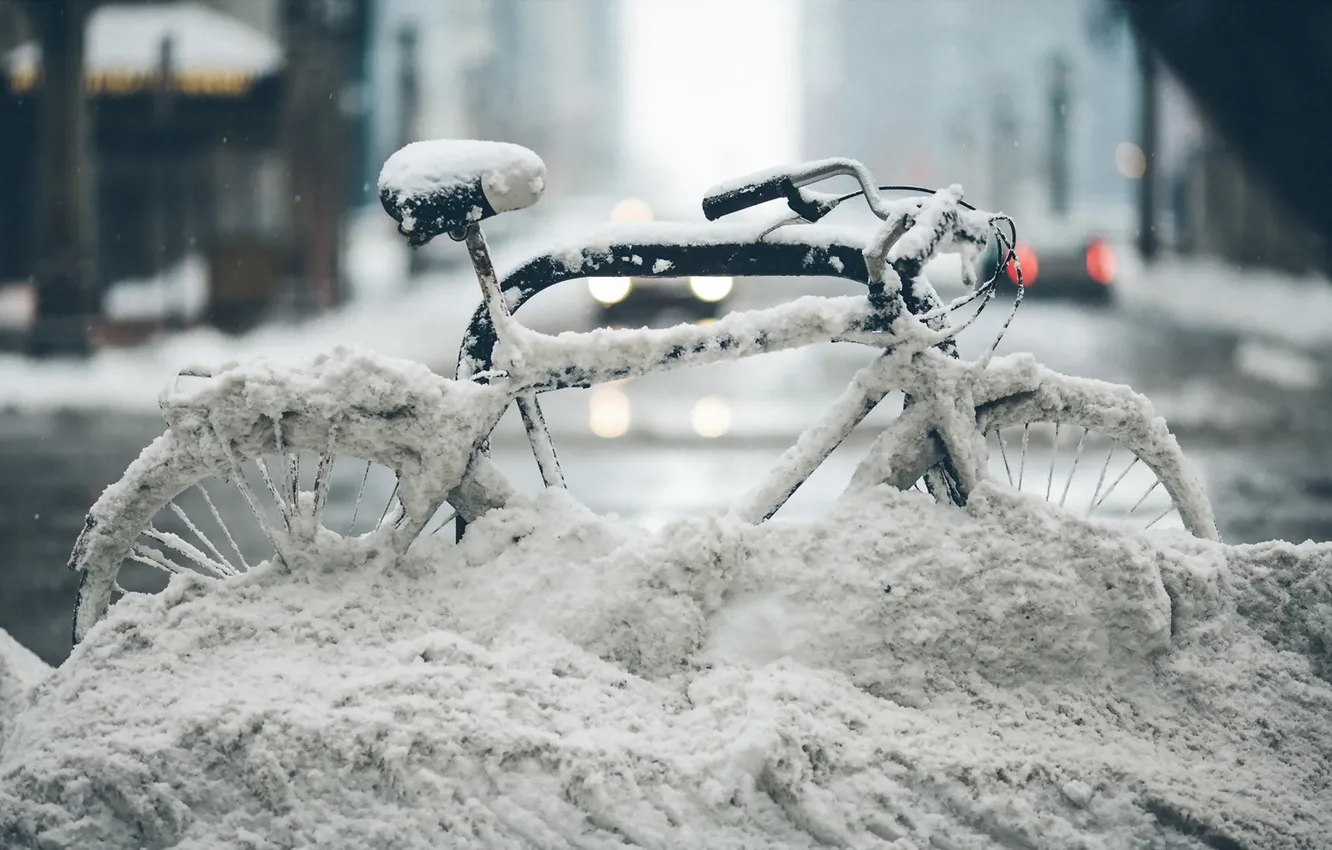 Фото обои снег, велосипед, город