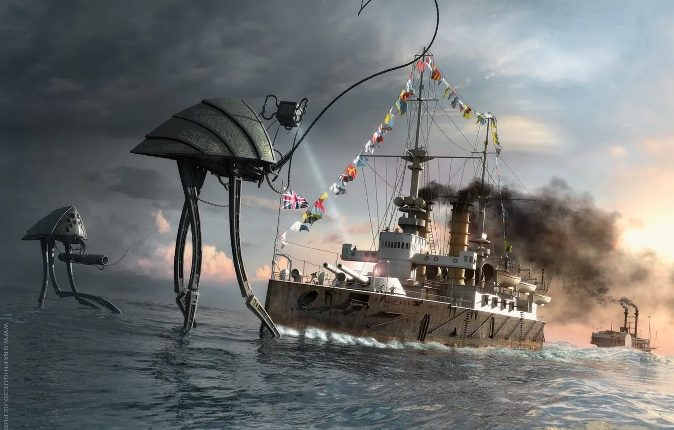 Фото обои ocean, war, water, flags, robots, ships, machines, cyborgs