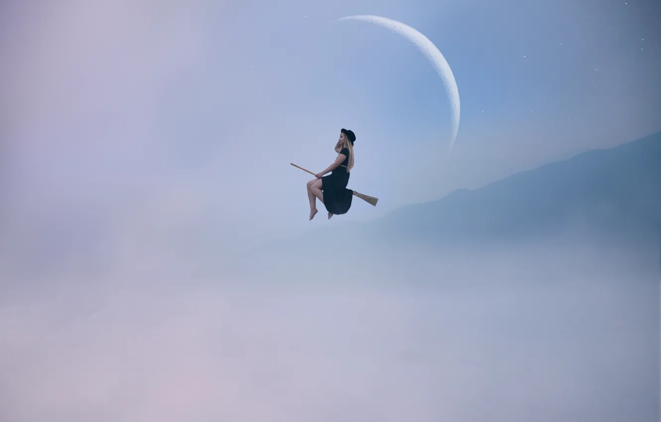 Фото обои девушка, луна, полёт, ведьма