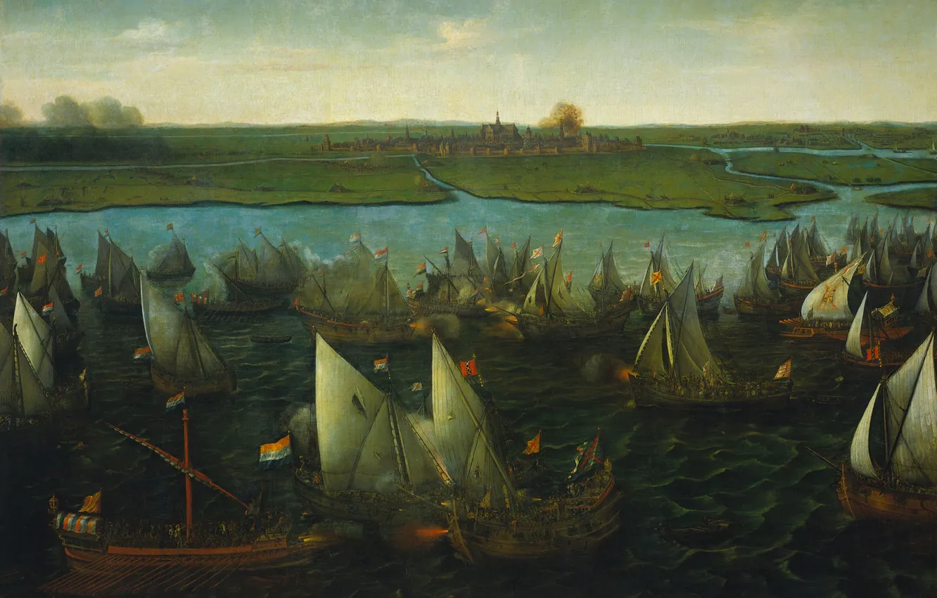 Фото обои масло, холст, 1640, Hendrik Cornelisz Vroom, Битва между голландскими и испанскими кораблями, Хендрик Корнелис Врум, …