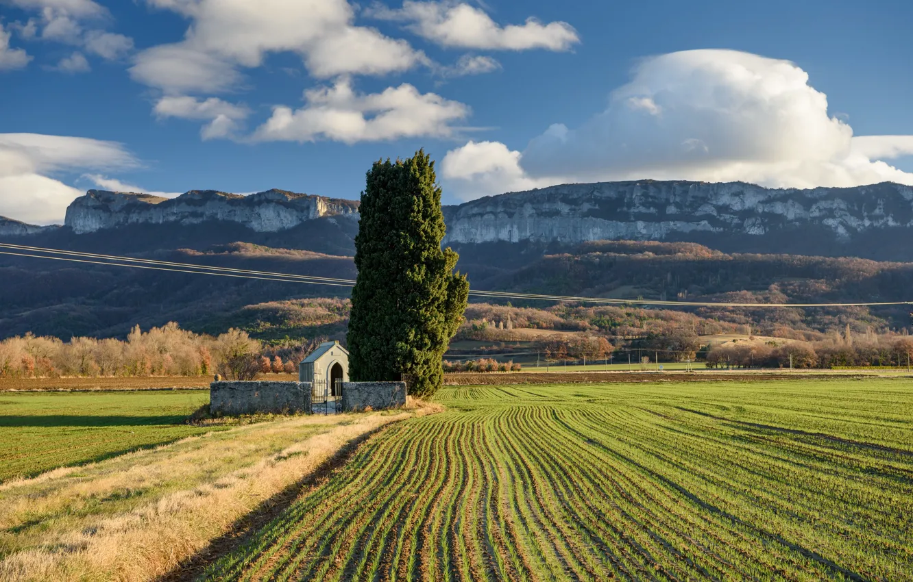 Фото обои поле, горы, Франция, часовня, Рубьон