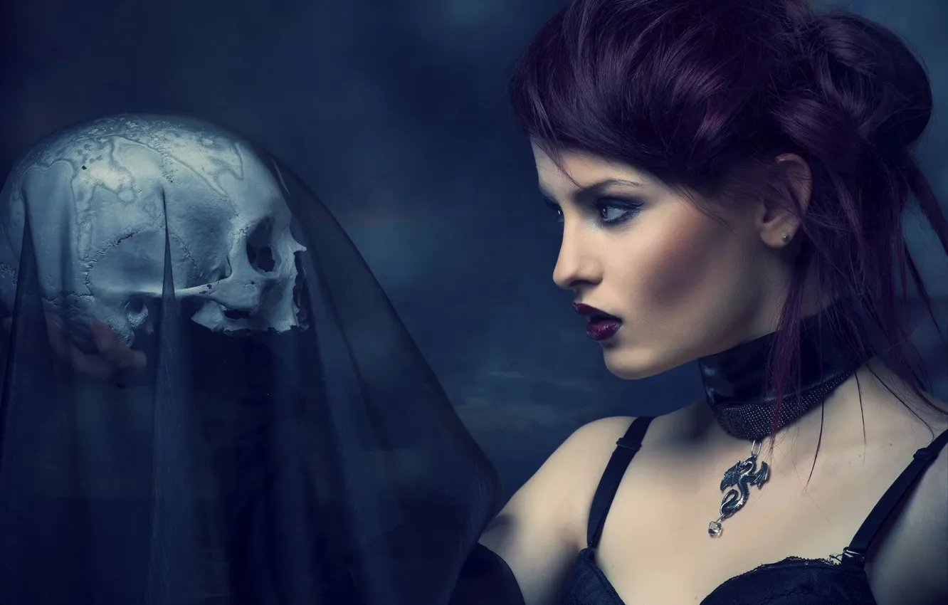 Фото обои skull, sorrow, purple, veil, mistery, dragon girl