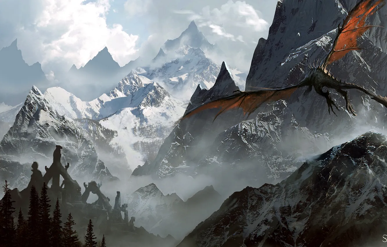 Фото обои горы, dragon, The Elder Scrolls V: Skyrim
