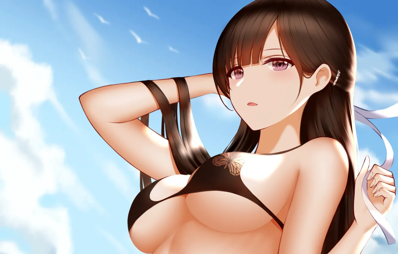 Фото обои girl, sexy, cleavage, long hair, brown hair, boobs, anime, beautiful