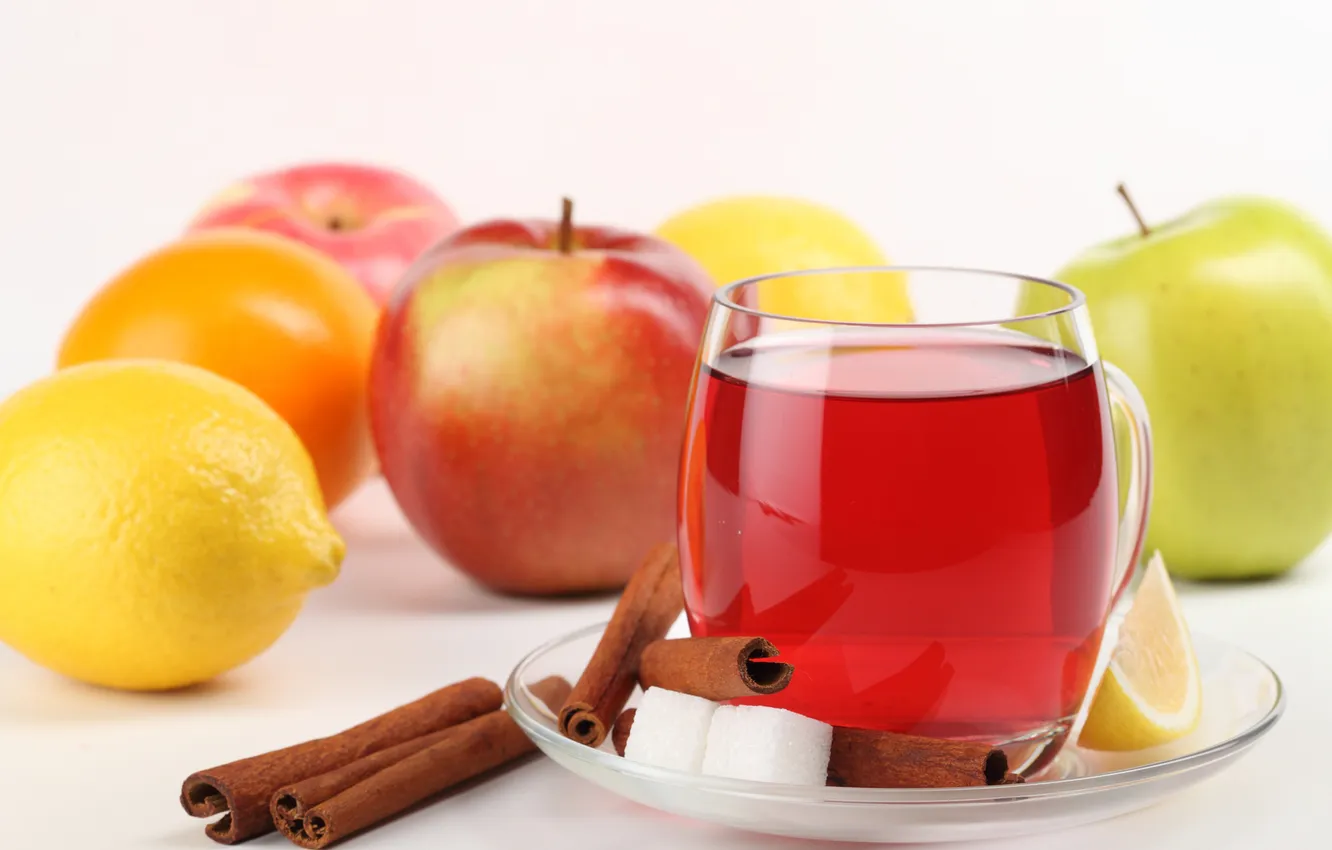 Фото обои отражение, лимон, яблоки, чашка, сахар, напиток, корица, блюдце