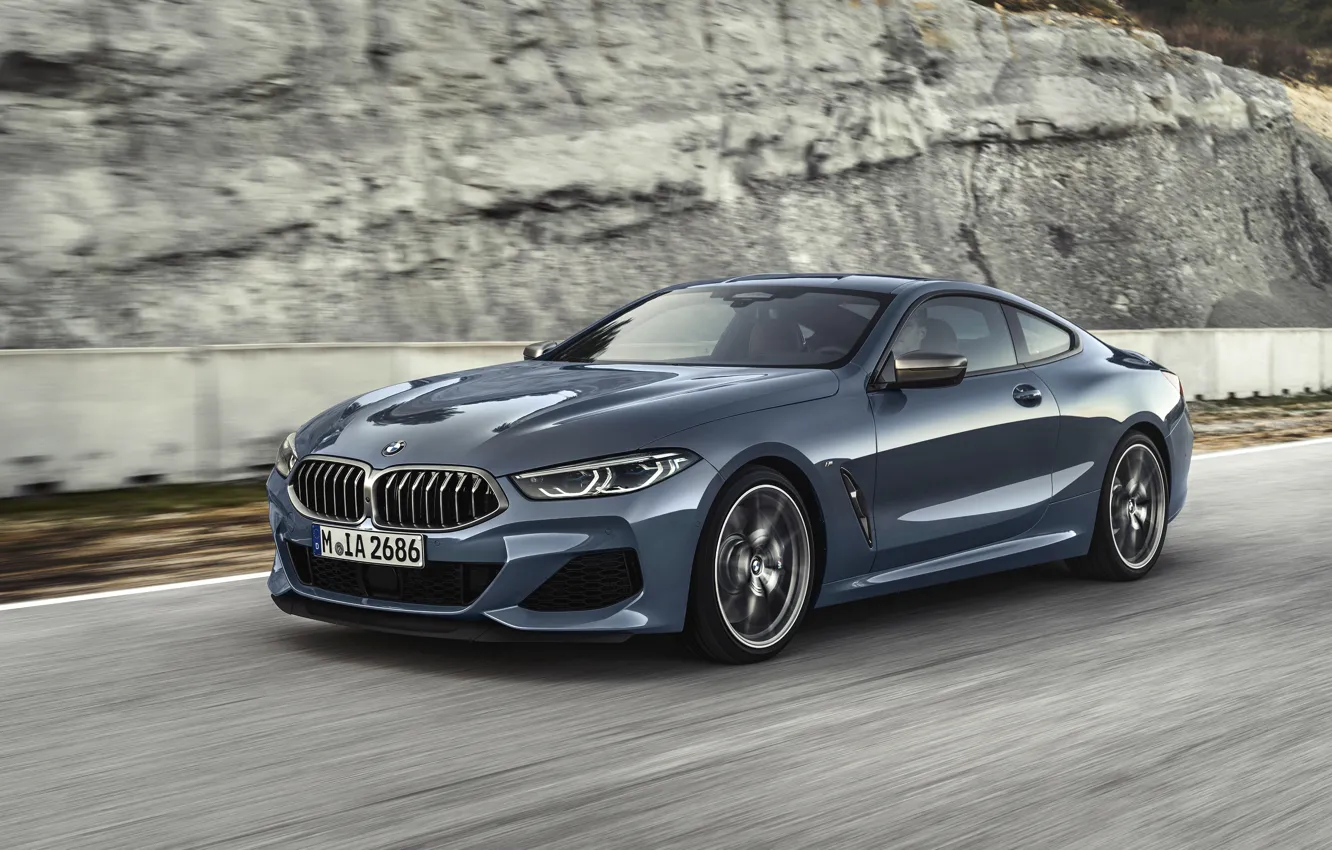 Фото обои движение, купе, скорость, BMW, Coupe, 2018, серо-синий, 8-Series