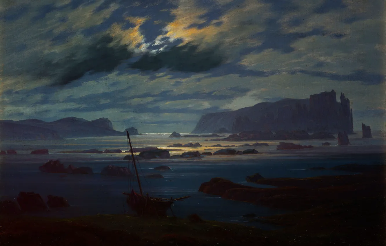 Фото обои Облака, Ночь, Корабль, Картина, Побережье, Caspar David Friedrich, Каспар Давид Фридрих, Северное море в лунном …