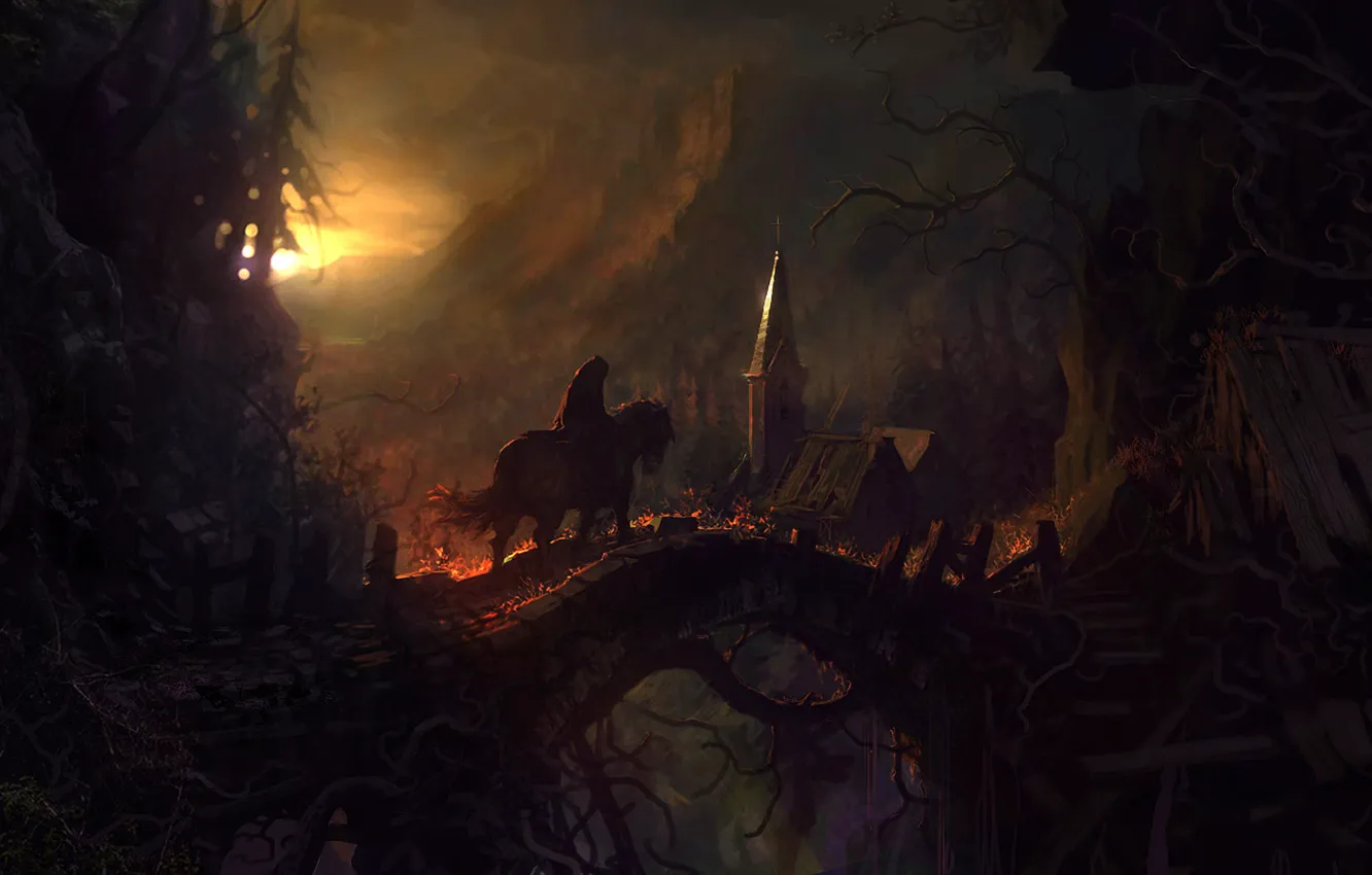 Фото обои лес, солнце, мост, лошадь, избушка, всадник, Castlevania: Lords Of Shadow