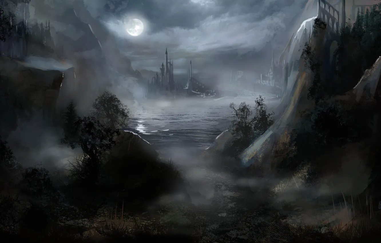 Фото обои вода, ночь, туман, замок, фантастика, луна, арт