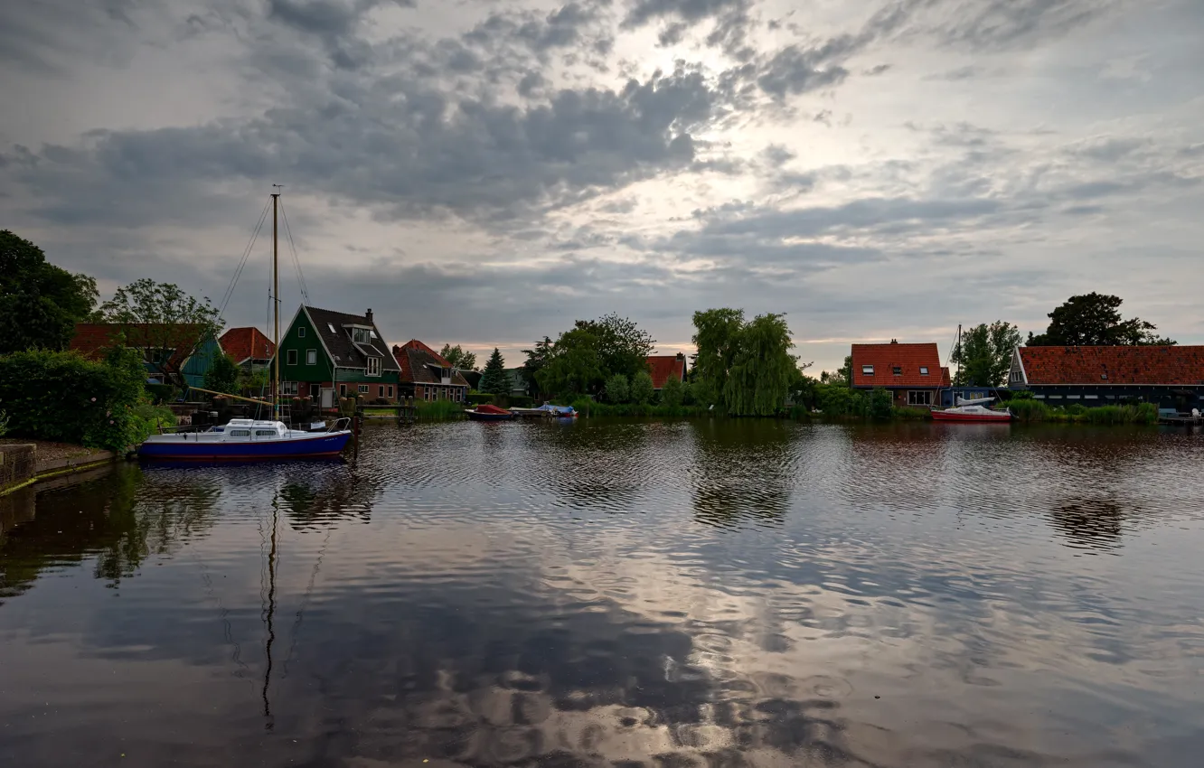 Фото обои река, дома, лодки, Нидерланды, Голландия, Nauerna