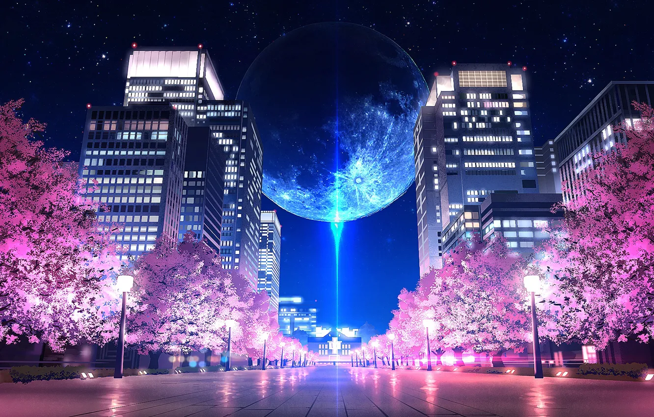 Фото обои ночь, город, луна, сакура, цветение