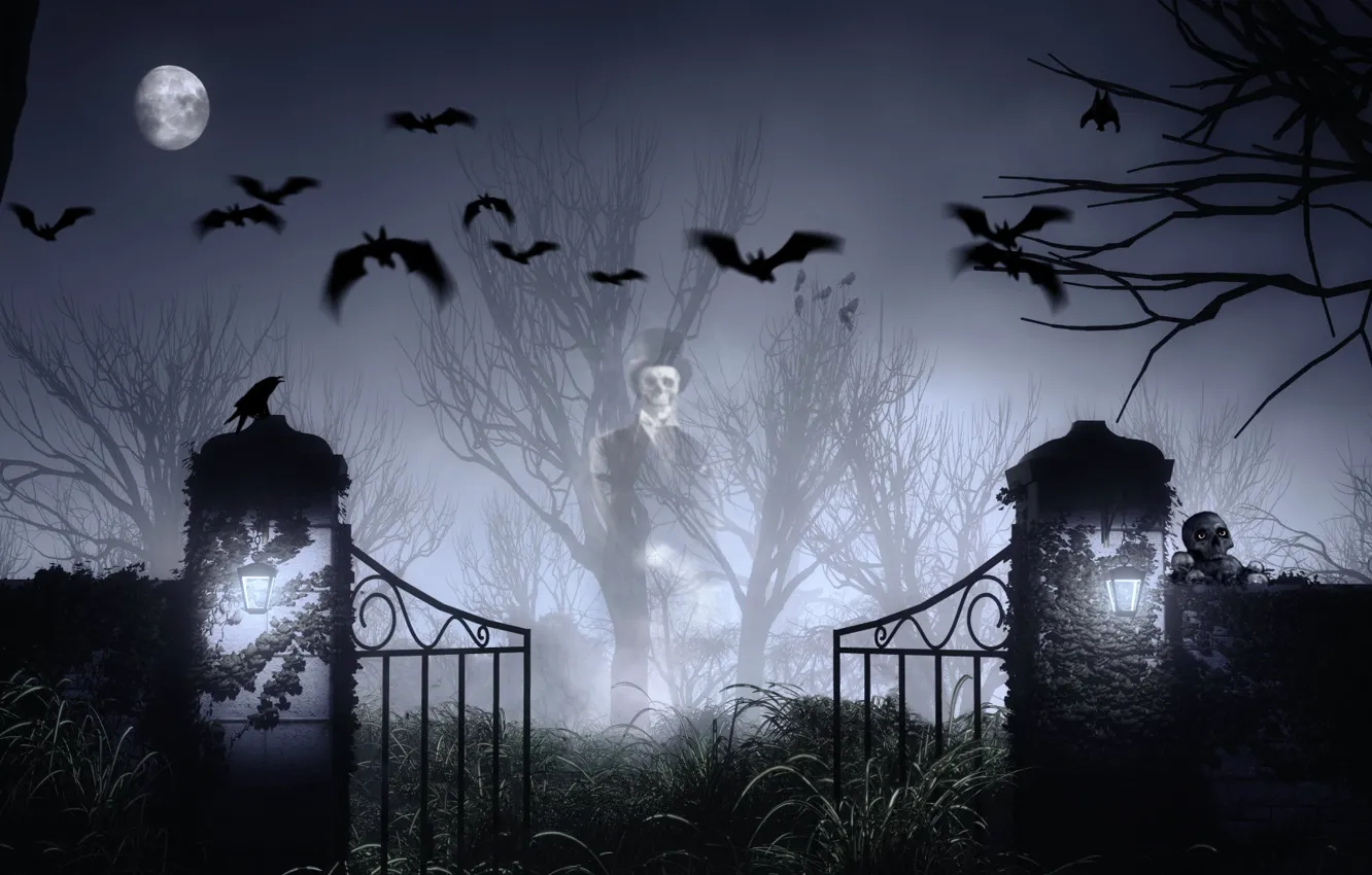 Фото обои череп, мистика, Луна, кладбище, летучая мышь, хэллоуин, привидение