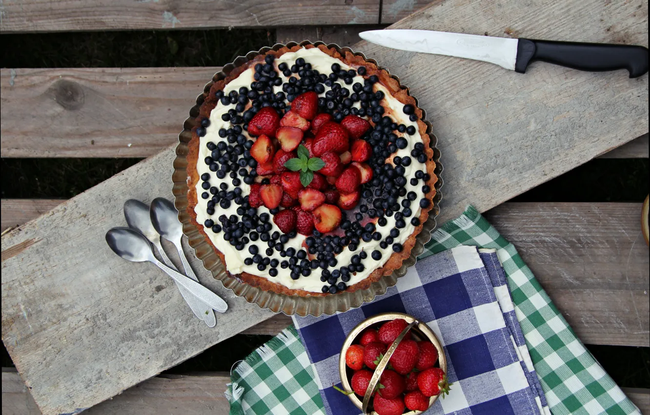Фото обои Нож, Клубника, Cake, ложки, Strawberries, Клубничный пирог, клубничный торт