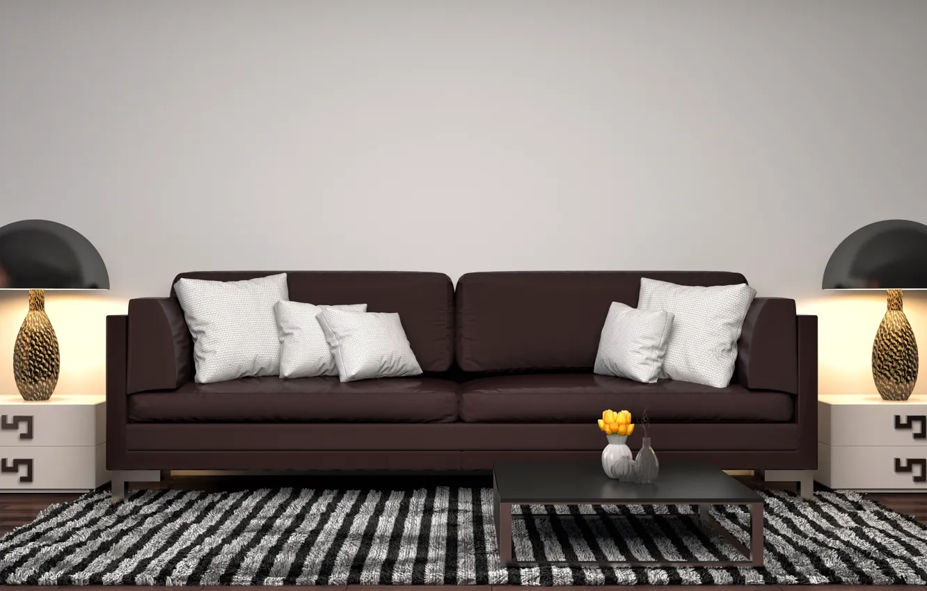 Фото обои дизайн, лампы, диван, подушки, модерн