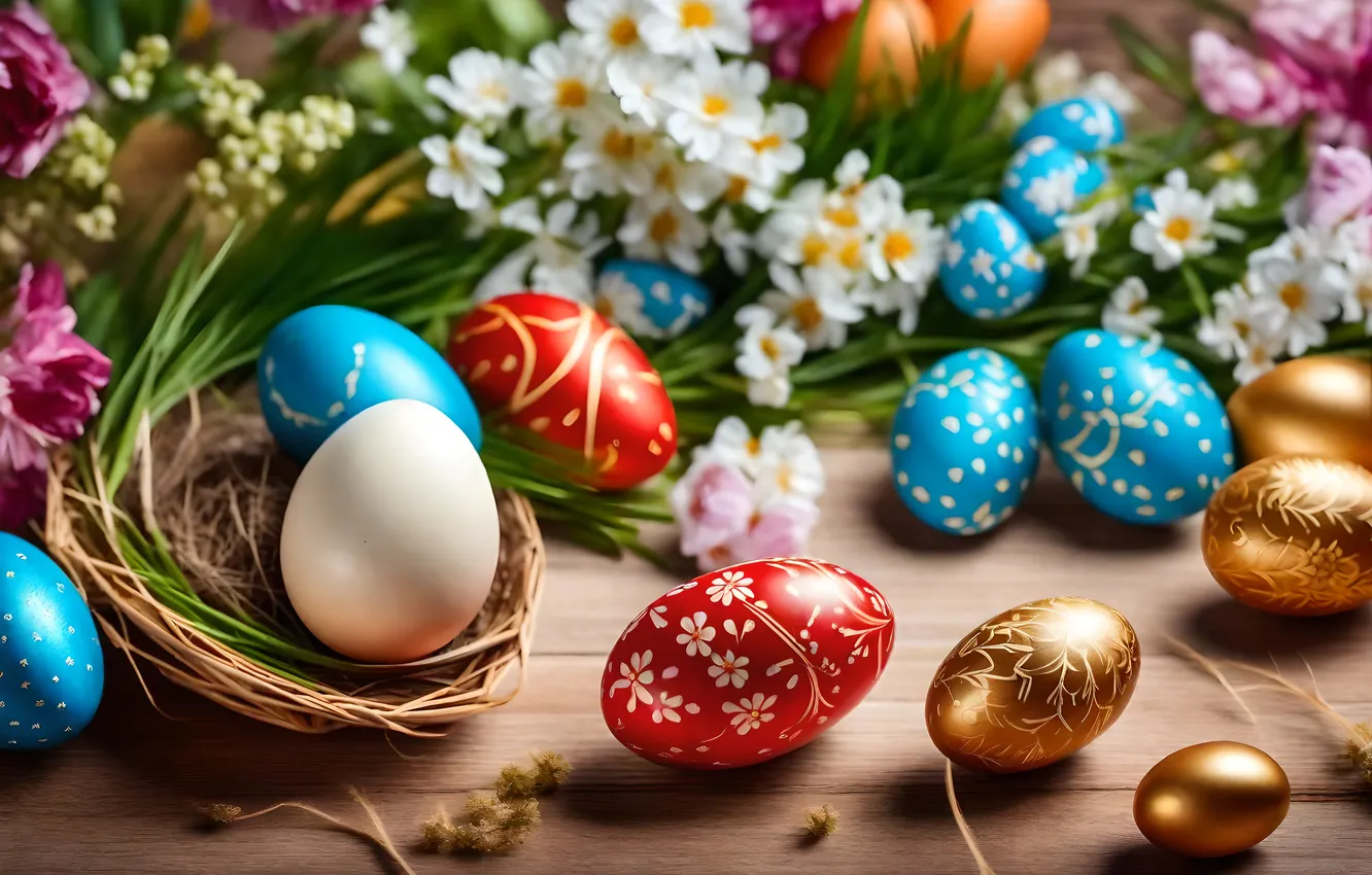 Фото обои цветы, яйца, весна, colorful, Пасха, happy, flowers, spring