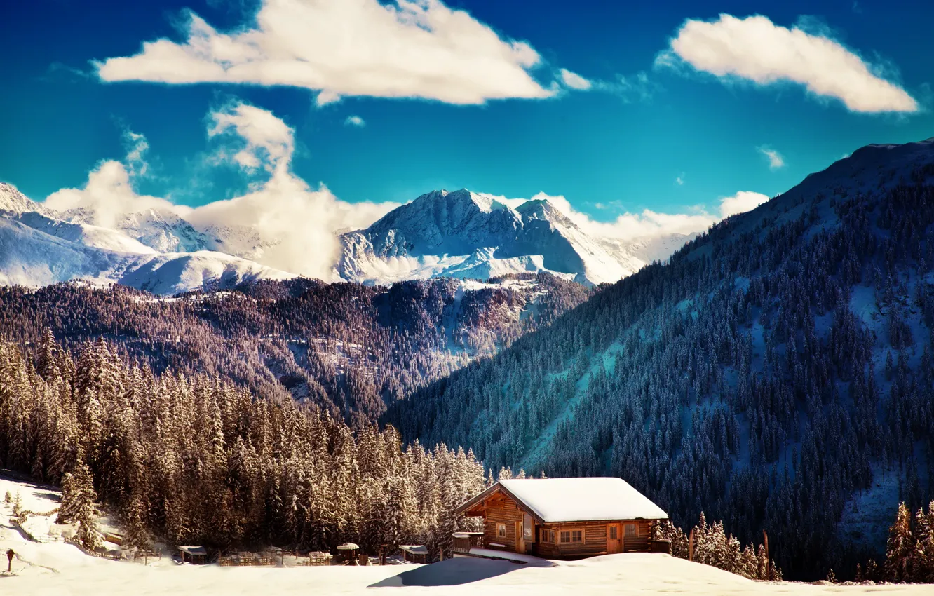 Фото обои winter, mountains, clouds, blue sky