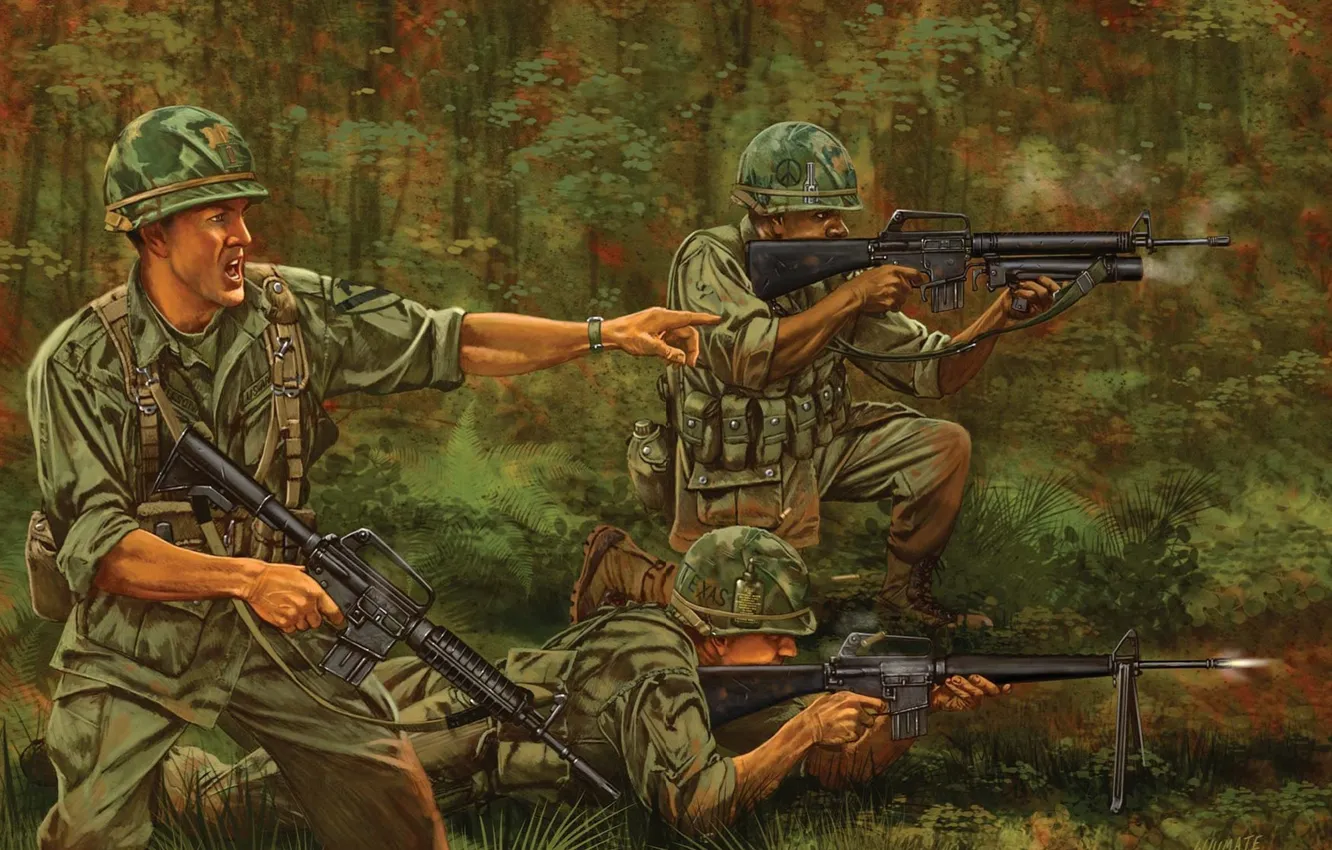 Фото обои рисунок, джунгли, арт, солдаты, стрельба, Вьетнам, винтовка, экипировка