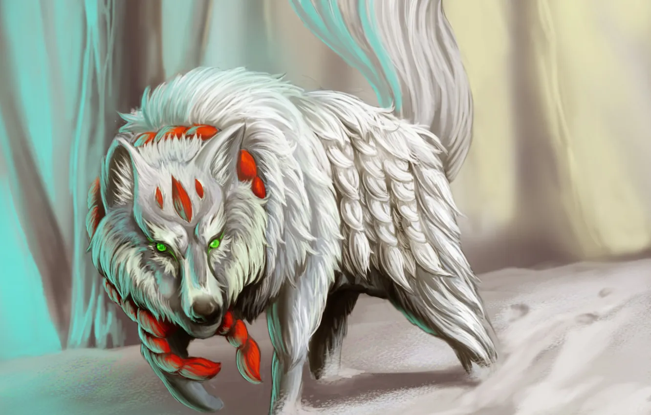Фото обои белый, снег, волк, хищник, веревка, арт
