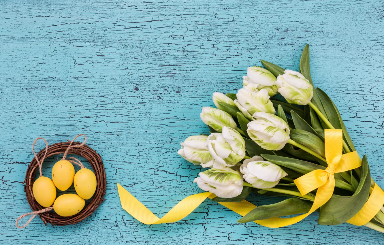 Фото обои праздник, букет, весна, лента, тюльпаны, Easter, Eggs, LAIMDOTA GRIVANE