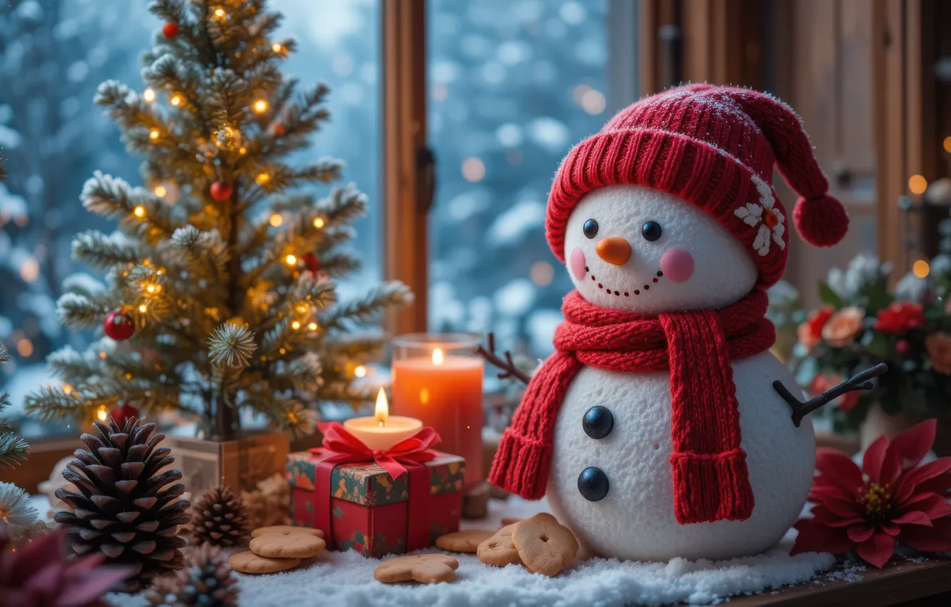 Фото обои зима, снег, огни, новый год, свечи, печенье, окно, Рождество