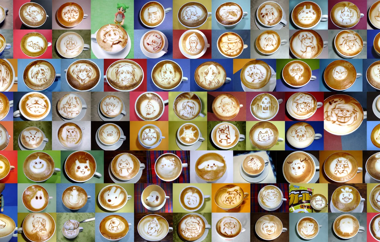 Фото обои кофе, рисунки, чашки, латте-арт, coffee-art