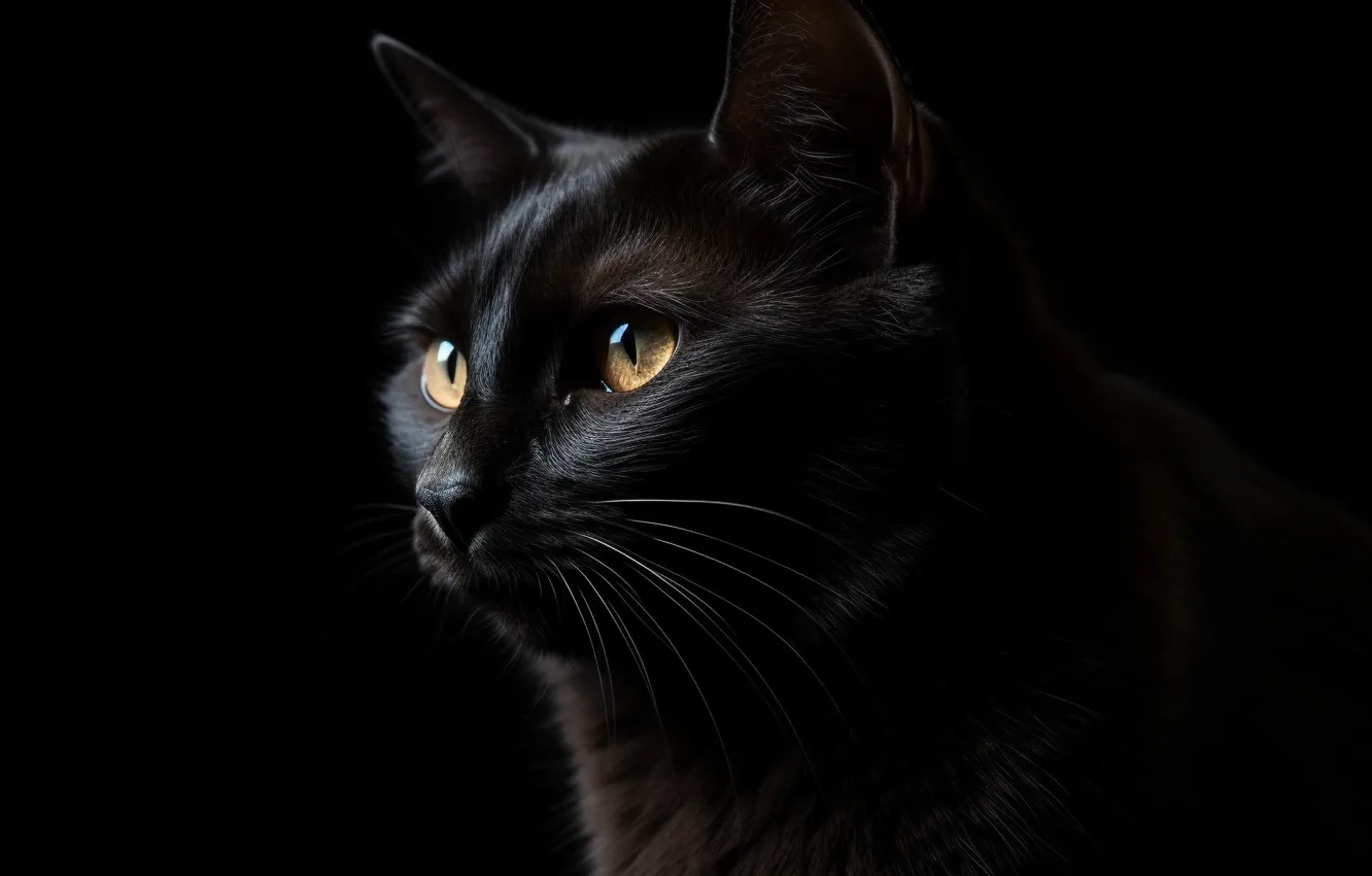 Фото обои Взгляд, Кошка, Черная, Кот, Черный фон, Глаза, Морда, Цифровое искусство