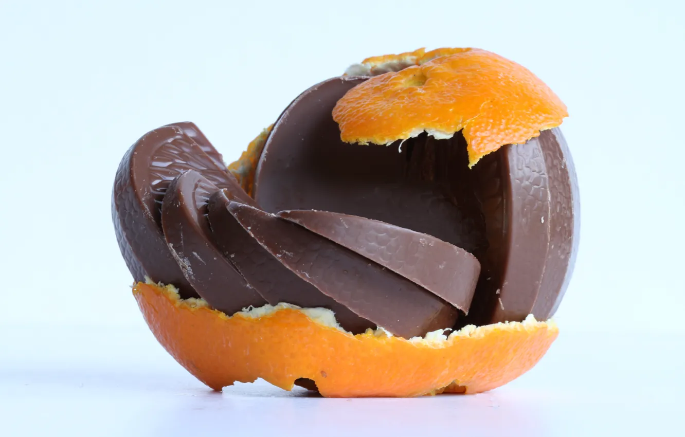Фото обои шоколад, цитрус, дольки, шоколадный, кожура, мандарин