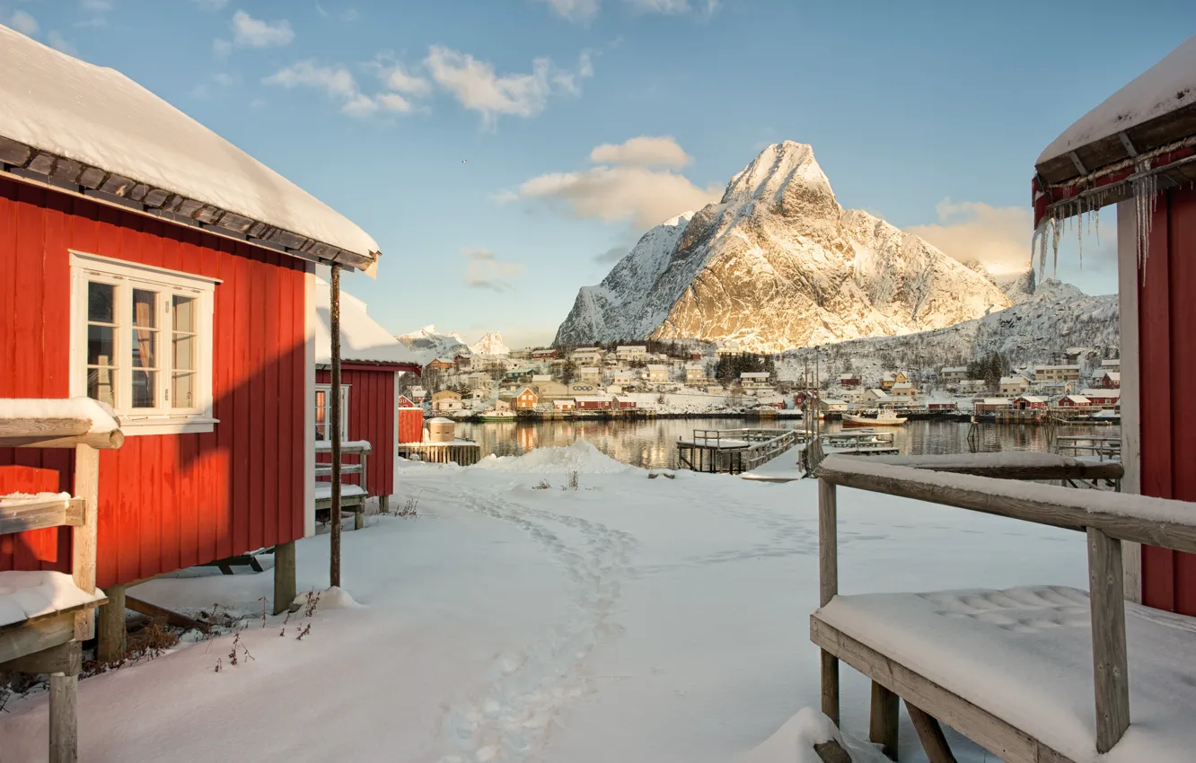 Фото обои зима, море, небо, снег, дом, гора, Норвегия