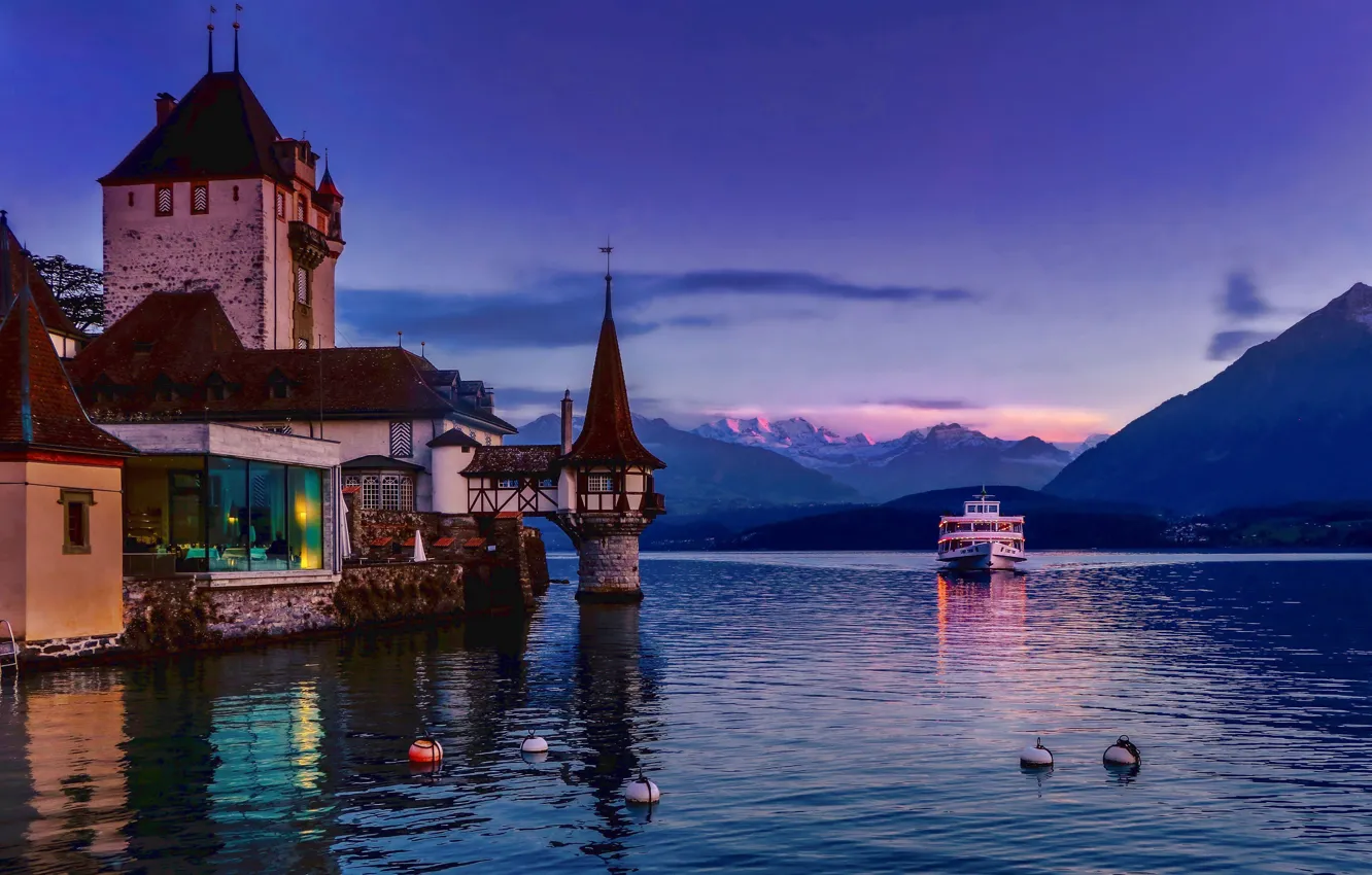 Фото обои закат, горы, озеро, замок, Швейцария, Альпы, Switzerland, теплоход