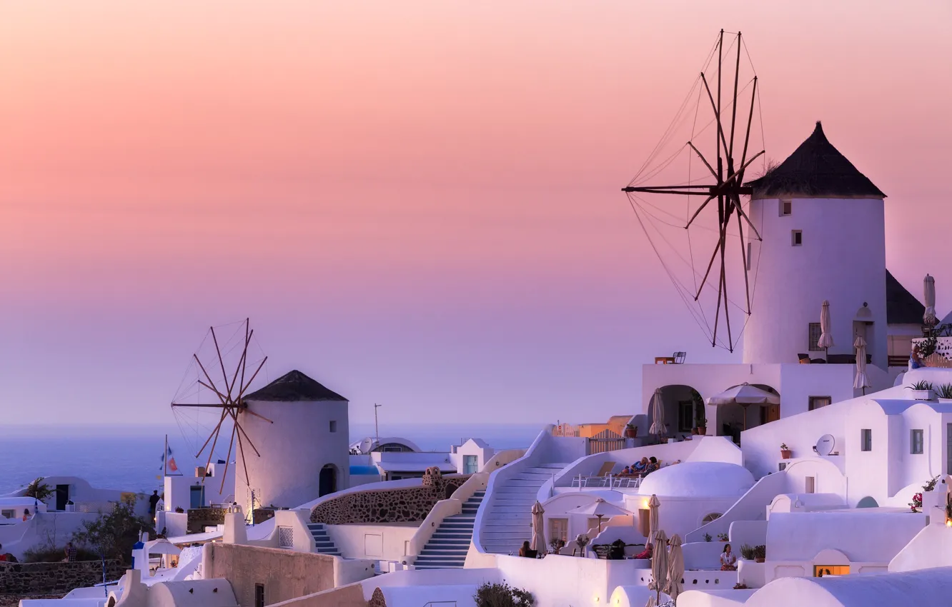 Фото обои Греция, мельницы, Santorini, Oia, Greece, Aegean, windmills