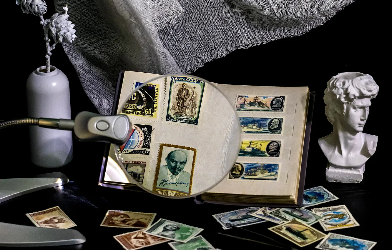 Фото обои collection, stamps, magnifying glasses