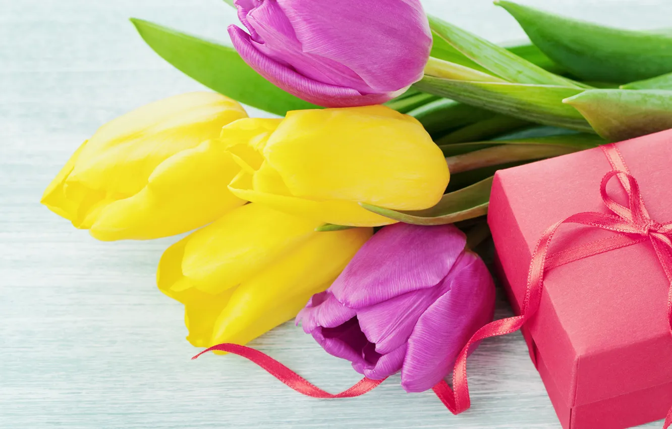 Фото обои подарок, весна, тюльпаны, 8 марта