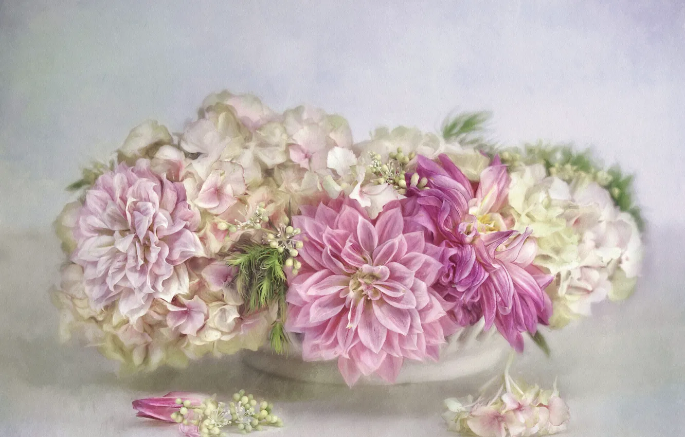 Фото обои цветы, фон, букет, лепестки, арт, розовые, белые, живопись