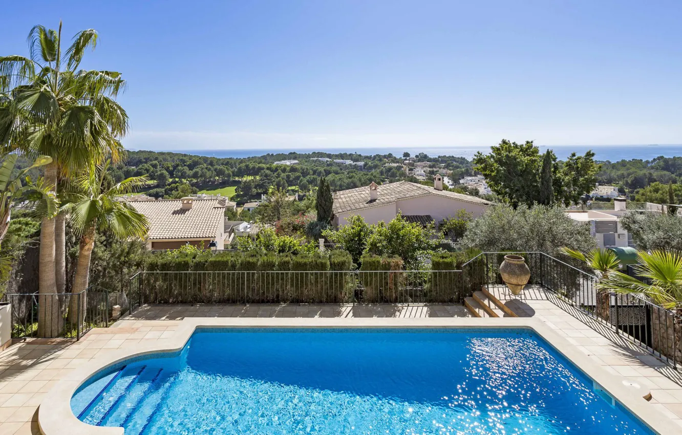 Фото обои море, город, пальмы, вилла, дома, бассейн, Испания, Mallorca