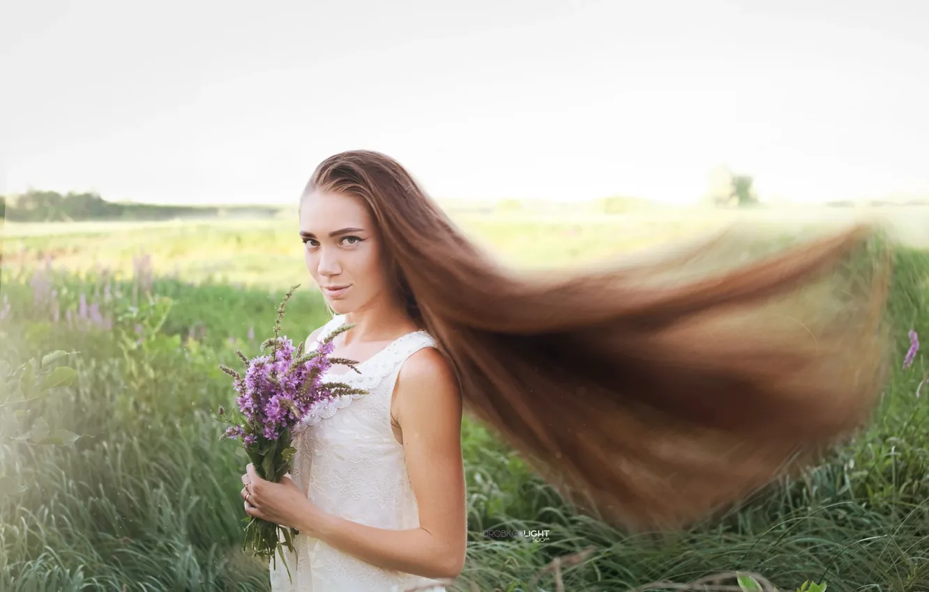 Фото обои трава, взгляд, девушка, цветы, природа, волосы, Alexander Drobkov-Light, Анжелика Заварзина
