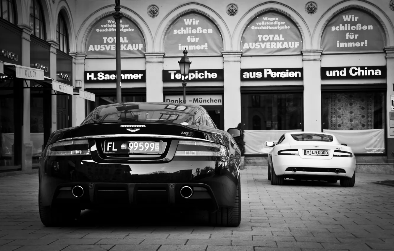 Фото обои белый, Aston Martin, черный, здание, астон мартин, white, black, db9